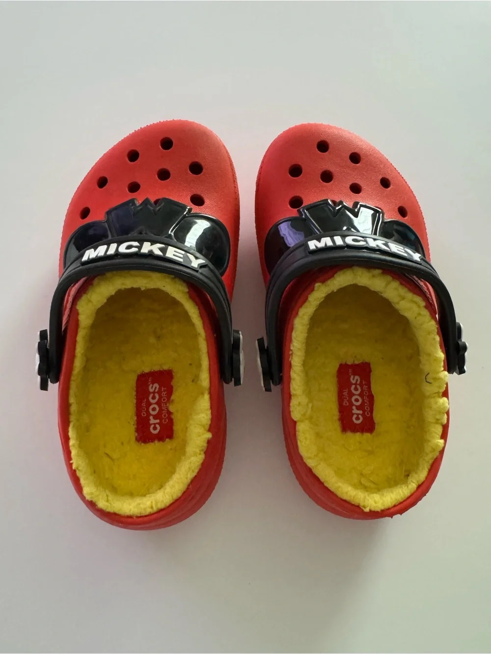 CROCS Red Kids Clogs with Yellow Fuzzy Lining and Black Back Strap